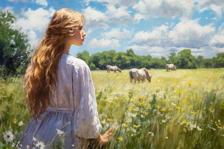 A painting of a woman standing in a field surrounded by horses. This picture can be used to depict the beauty of nature and the bond between humans and animals.の素材