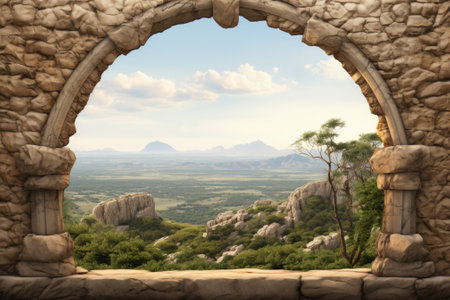 A picture of a stone arch with a breathtaking view of a valley. Perfect for travel blogs, nature publications, or landscape advertisements.の素材