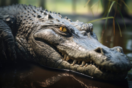 A close up of an alligator's head in the water. This image can be used to depict wildlife, nature, or the danger of wild animals.の素材