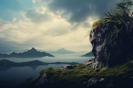 A person is standing on top of a mountain overlooking a body of water. This image can be used to represent adventure, exploration, and the beauty of nature.の素材