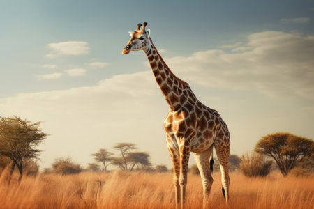 A giraffe standing in the middle of a field. This image can be used to depict wildlife, nature, and animal conservation.の素材