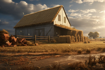 A picture of a barn with a traditional thatched roof in a scenic field. This image can be used to depict rural landscapes, traditional architecture, or countryside living.の素材