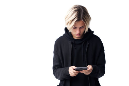 A man wearing a black hoodie is seen looking at his cell phone. This image can be used to depict technology, modern communication, or the use of smartphones in daily life.の素材