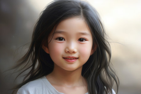 A young girl with long black hair smiling at the camera. Suitable for various uses.の素材
