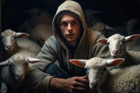 A man wearing a hoodie stands among a flock of sheep. This image can be used to depict concepts such as blending in, standing out from the crowd, or feeling lost in a group.の素材
