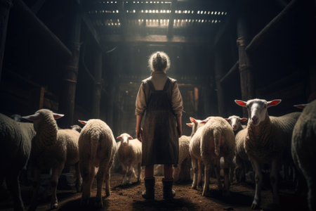 A woman stands confidently in front of a large herd of sheep. This image can be used to represent leadership, determination, or the beauty of nature.の素材
