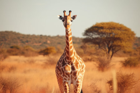 A giraffe standing tall in the middle of a field. Perfect for nature and wildlife themes.の素材