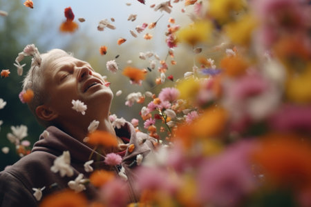 A man standing in a field surrounded by vibrant flowers. Perfect for nature enthusiasts and garden lovers.の素材
