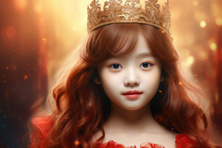 A young girl wearing a crown and a red dress. This picture can be used for various purposes, such as fairy tale illustrations, princess-themed events, or costume designs.の素材