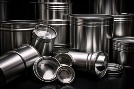 A bunch of tins sitting on top of a table. This image can be used for various purposes such as food storage, kitchen organization, or pantry supplies.の素材