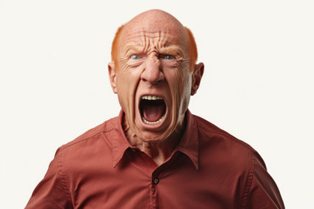 An image of an elderly man wearing a red shirt with his mouth wide open. This picture can be used to depict surprise, shock, or excitement.の素材