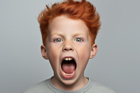 A young boy with red hair is making a funny face. This playful image can be used to add a touch of humor to various projects.の素材