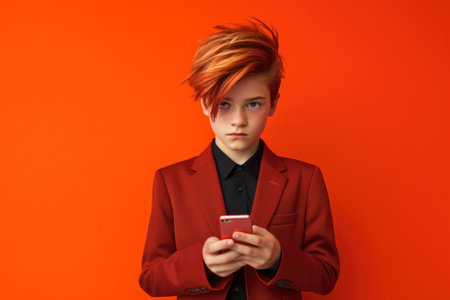 A young boy dressed in a red suit holding a cell phone. This image can be used to portray technology, communication, or a child's curiosity and exploration of modern devices.の素材