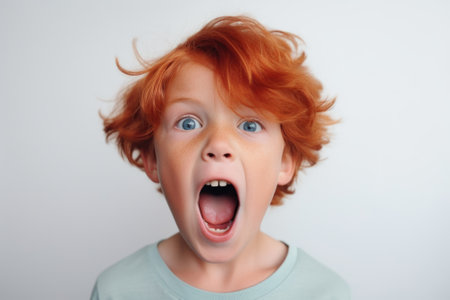 A young boy with red hair making a funny face. This image can be used to depict humor and fun in various contexts.の素材
