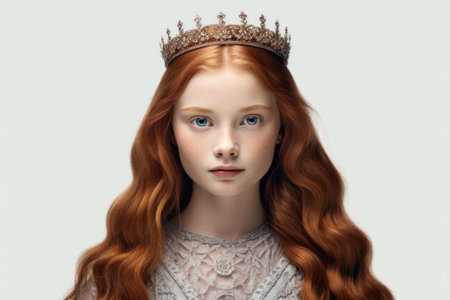 A woman with long red hair is pictured wearing a crown. This image can be used to portray royalty, beauty, or fantasy themes.の素材