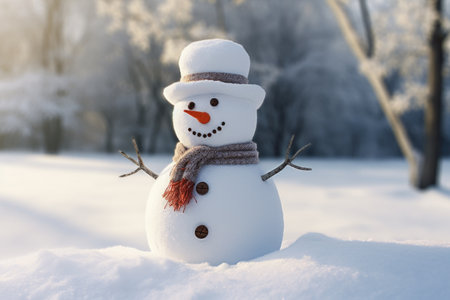 A snowman standing proudly in the middle of a snowy field. Perfect for winter-themed designs and holiday projects.の素材