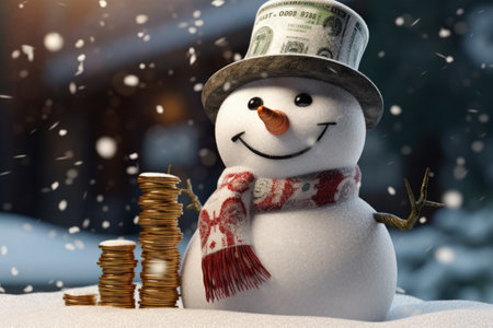 A cute snowman wearing a hat and scarf stands next to a stack of coins. Perfect for winter-themed designs and financial concepts.の素材