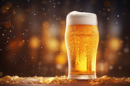 A glass of beer sitting on top of a table. Perfect for showcasing the relaxing atmosphere of a pub or bar.の素材