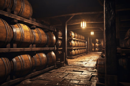 A room filled with numerous wooden barrels. Perfect for rustic and traditional themes.の素材