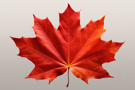 A single red maple leaf is depicted on a gray background. This image can be used to represent autumn, nature, seasons, or simplicity.の素材
