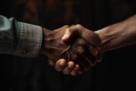A close-up photograph capturing the moment two people shake hands. This image is perfect for business and professional themes.の素材