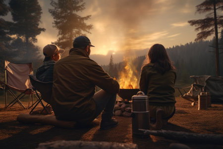 A group of people gathered around a campfire, enjoying a warm and cozy atmosphere. Perfect for illustrating camping trips, outdoor activities, friendship, and relaxation.の素材
