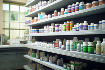 A pharmacy shelf filled with lots of medicine bottles. This image can be used to illustrate the variety and abundance of medications available at a pharmacy.の素材