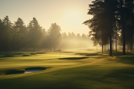 A misty golf course enveloped by dense fog, creating a serene and mysterious atmosphere. Ideal for capturing the tranquility of nature and the challenge of playing golf in unique conditions.の素材