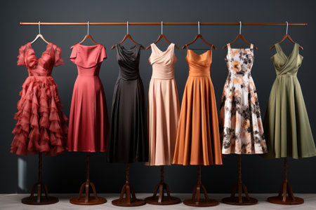 A row of different colored dresses hanging on a rack. Suitable for fashion-related projects and retail advertisements.の素材