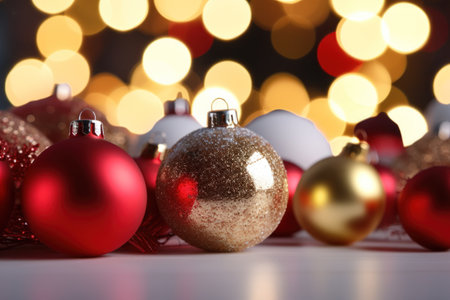 A group of red and gold Christmas ornaments. Perfect for adding festive charm to holiday decorations.の素材