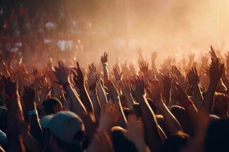 A vibrant image capturing a large crowd of people with their hands raised in the air. Perfect for illustrating unity, celebration, and excitement. Ideal for use in marketing campaigns, event promotions, and social media content.の素材