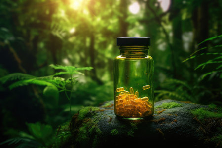 A glass jar filled with yellow pills sits on top of a moss-covered rock. This image can be used to depict medication, health, nature, or pharmaceutical concepts.の素材