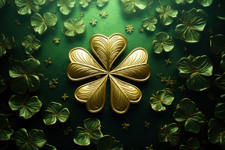 A beautiful gold four leaf clover surrounded by vibrant green leaves. Perfect for St. Patrick's Day celebrations or as a symbol of luck and good fortune.の素材