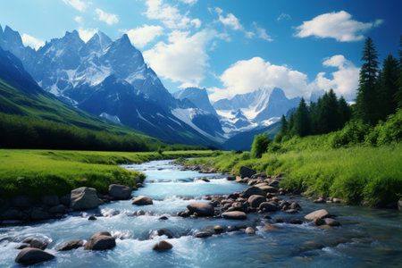 A picturesque scene of a river running through a vibrant green valley. Ideal for nature and landscape enthusiasts.の素材