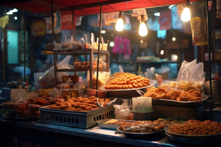 A bustling food stand offering a wide range of delectable dishes. Perfect for food enthusiasts and event organizers looking to add a diverse culinary experience to their menus or promotional materials.の素材