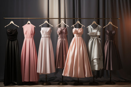 A row of dresses hanging on a rack. Perfect for fashion displays and retail stores.の素材