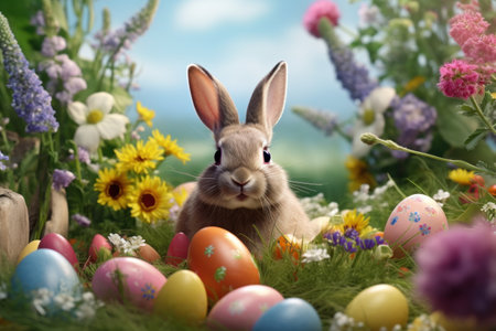 A rabbit is sitting in a field filled with vibrant and colorful Easter eggs. This image can be used to represent the joy and excitement of Easter celebrations.の素材