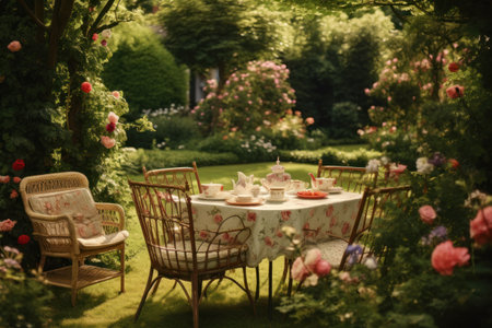 A picture of a table and chairs placed in the middle of a garden. This image can be used to showcase outdoor furniture or to depict a peaceful outdoor setting.の素材