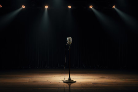 A microphone on a stage with spotlights in the background. Perfect for concert or performance themes.の素材