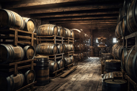 A room filled with numerous wooden barrels. Ideal for rustic decor or for showcasing vintage wine collections.の素材