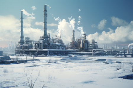 A snow-covered factory with a complex network of pipes. This image can be used to depict industrial processes, energy production, or environmental impact.の素材