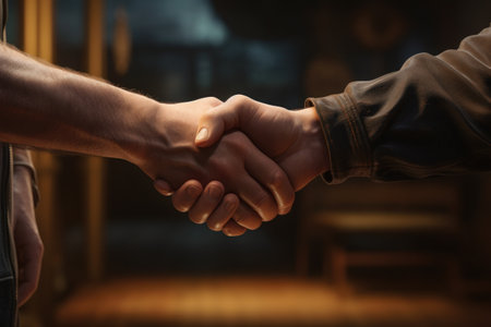 A close-up image of two people shaking hands. This picture can be used to represent business partnerships, teamwork, agreements, or professional interactions. It is ideal for presentation corporates, marketing materials, or website content.の素材