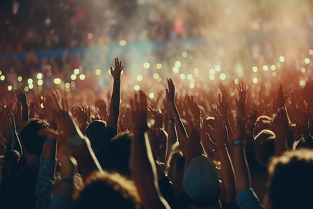 A vibrant image of a large crowd of people raising their hands in the air. Perfect for illustrating unity, celebration, or excitement. Ideal for use in event promotions, social media campaigns, or advertising materials.の素材