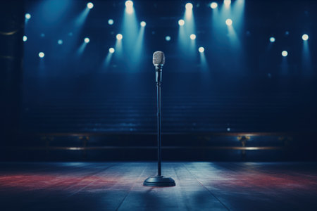 A microphone placed on a stage with vibrant spotlights in the background. This image is perfect for capturing the essence of live performances and public speaking events.の素材