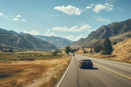 A picture of a car driving down a scenic highway in the mountains. This image can be used to depict road trips, travel, adventure, or scenic landscapes.の素材