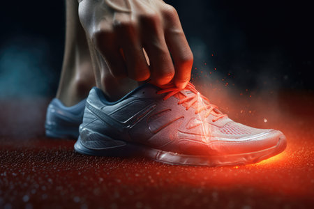 A close-up photograph of a person typing a shoe. This image captures the intricate details of the shoe laces being tied. It can be used to showcase the process of getting ready or as a representation of independence and self-sufficiency.の素材