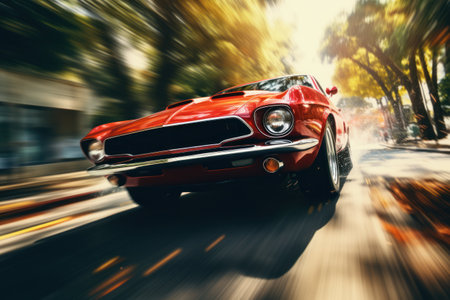 A red car is seen driving down a busy city street. This image can be used to depict urban transportation or city life.の素材
