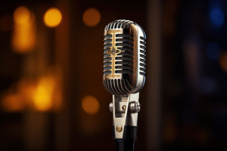 A close-up view of a microphone with vibrant lights in the background. This image is perfect for capturing the energy and atmosphere of live performances and events. It can be used to enhance articles, blogs, or promotional materials related to music, concerts, public speaking, or entertainment.の素材