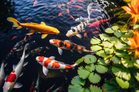 A group of Koi fish swimming gracefully in a peaceful pond. Perfect for adding a touch of tranquility to any project or design.の素材