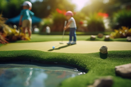 A vibrant and exciting miniature golf course with two people enjoying a game. Perfect for illustrating leisure activities and family fun.の素材
